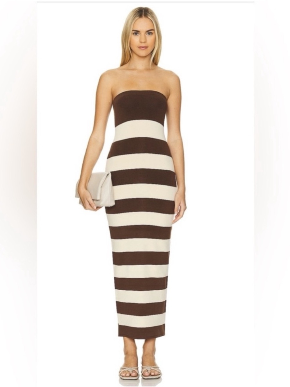 Posse Dress Theo Strapless Knit Maxi in Chocolate Brown Cream Striped